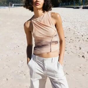 ZARA Asymmetrical Sleeveless Tie Dye Tulle Burnout Mesh Crop Sunset Tank Top XS
